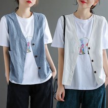 여성 버튼 린넨 조끼 베스트 여름 브이넥 민소맨 카디건 코트 빅사이즈