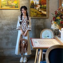 여성 면마원피스 a라인 나팔소매 롱 원피스 에스닉 보헤미안 바캉스룩