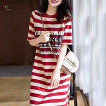 베이직 레드 심플 스트라이프 썸머 면 원피스 YJS208