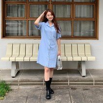 브이와이 여자 SS 카라 생지 주머니 반소매 미니원피스