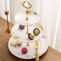 유럽풍 애프터눈티 2단 디저트 접시 카페 케이크 스탠드, 화이트앤골드3층+선물 상자
