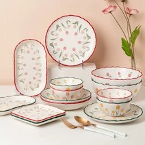 LOVFIR 튤립 도자기 식기 세트 물결 가장자리 밥그릇 국그릇 접시 6인 식기세트 22p, 노란색+핑크색, 4인 식기세트 14p