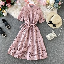 펀칭 레이스 아일렛 하객룩 반팔 원피스 JL-0060