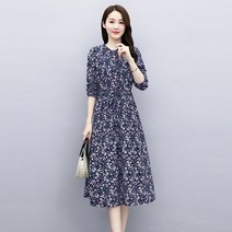 쩐쿠 봄 여성 카라넥 단추 플라워 꽃무늬 7부 롱 원피스 Z62