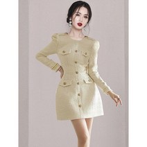 오피스룩 가을 하객원피스 여성 향수 트위드 드레스 넥 단추 슬림 모직 런웨이 겨울
