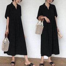 [고품질 L-4XL] PINKFUL 원피스 여성 여름 무지 퍼프 오버핏 카라 브이넥 박스티 빅사이즈 3XL 30대 40대 반팔 캐주얼 패션 데일리 롱 맥시 a라인 스커트