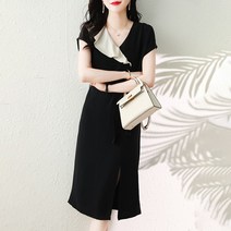아나운서원피스 스트라이프 프릴 포인트 블랙 화이트 트임 롱 날씬해보이는 여행 고급 출근룩
