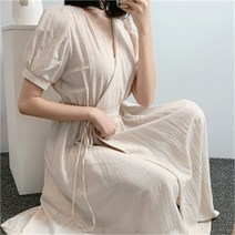 [비위치] 린넨 퍼프 브이넥 랩 롱원피스