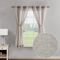 Creative Home Ideas 시어 커튼 (패널 2개 96.5 x 160cm(38 x 63인치) 리넨 베이지) 타이백이 있는 프라이버시 폼폼 커튼 미아 장식 창문 커튼