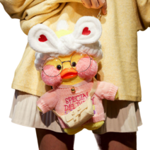 PKTOYS DIY 큐티 오리인형 크로스백 뽀글이 토이 캐릭터 빵빵덕 오리 인형 숄더백 크리스마스 명절 선물, 어깨 가방 흰색 사랑 헤어 벨트 파우더 편지 스웨터, 파우더 오리 어깨 가방
