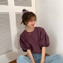 KORELAN 홍콩풍 감미로운 반팔 퍼프소매녀 순색 심플 반팔티 여성복 상의 ins 패션 1종 발매