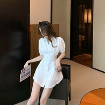 SURBORT 여름 뉴 투피스 허리 크로스 하이웨이스트 셔츠 원피스 여 반팔 카디건