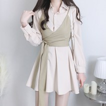 피치 크롭 뷔스티에 A라인 플레어 리본 랩 셔츠 원피스