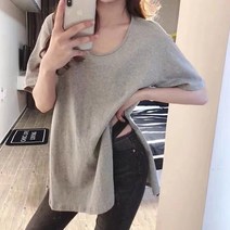 따봉오빠 여성 옆트임 롱 레이어드 반팔티 그레이(DB424)
