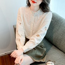 여성 라운드 카라 셔츠 코튼과 린넨 스탠드 칼라 우드 이어 사이드 긴팔 숙녀 202