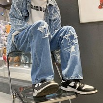 남자데님진 남성용 중립 와이드 레그 데님 바지 루즈 스