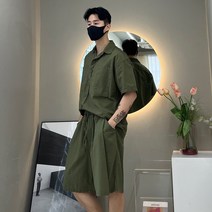 남자 반팔난방 와이드 카라 박스 반팔 셔츠 오버핏 면 남방 반바지셋업