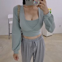 꾸안꾸 딥스퀘어넥 트윈 랩 크롭 긴팔티 5색