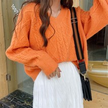 QIANSU 추동 루즈핏 여성 스웨터 브이넥 꽈배기 니트