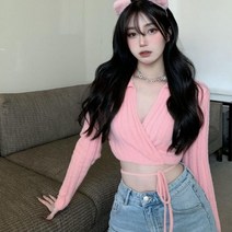 여성 긴팔티 스웨터 브이넥 핑크 크롭티 20대 슬림 가을
