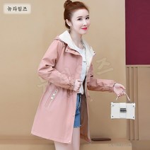하프 트렌치코트 얇은 코트 여 춘추복 루즈핏 허리끈 후드파 극복 뉴타임즈 B203V439