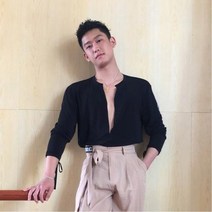 남자댄서복 라인댄스상의 라틴댄스복 라틴 댄스 탑 남성 긴 소매 넥 셔츠 볼룸 의상 차차 착용 연습