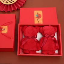 코랄베어 레드타올 결혼 한쌍 비순면 경조사용 작은타올 사각타올 선물세트, 빨간곰두(가족행복한선물상자+휴대용