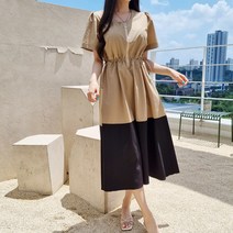 하이데일리 A라인 허리셔링 아우라 배색 롱원피스