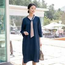 여성 엄마옷 모슬린 배색타이 7부 원피스 YOP304041 마담 미시옷 중년여성의류 50대 60대여성옷 빅사이즈