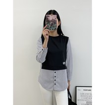 로미홀리 여자 여성 스트라이프 페이크 이중 레이어드 이너 셔츠 긴팔 블라우스 S192
