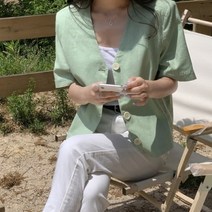 디작소 여성 봄 여름 엘리 노카라 린넨 반팔 자켓