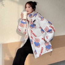 여성롱패딩 롱패딩 키다리 귀엽다 곰돌이 빵옷 겨울 여학생 두꺼운 후드 짧은 패딩 솜옷 외투
