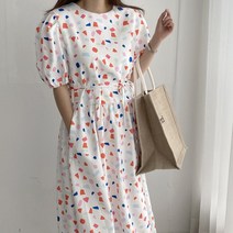 먼데이홀릭 도형 패턴 퍼프소매 루즈핏 롱 원피스