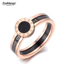 WAN ZooMango 클래식 블랙 아크릴 사랑 로마 숫자 결혼 반지 여성을위한 티타늄 스테인레스 스틸 링 쥬얼리 ZR19060