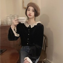 봄 가을 겨울 코디 아이템 벨벳 소재 레이스 카라 블라우스 리버시블 블라우스
