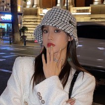 여성 겨울 버킷햇 벙거지 모자 클래식 트위드 패턴 버킷