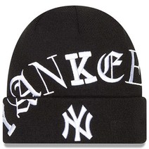 뉴에라 NY New York Yankees Blackletter Old English Letter 스크립트 커프 니트 비니 모자 블랙.