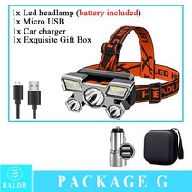 baldr 5 led 내장 18650 배터리 헤드램프 usb 충전식 휴대용 손전등 랜턴 헤드램프 야외 캠핑 헤드라이트, 헤드램프 g, 영국
