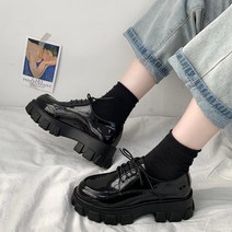 블랙 특허 가죽 플랫폼 신발 여성 고딕 레이스 업 청키 힐 일본식 학생 2021