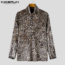 INCERUN 2022 남성 T 셔츠 터틀넥 레오파드 프린트 긴팔 언더 Streetwear 가을 캐주얼 의류 S-5XL 목폴라 긴팔니트티