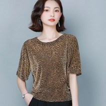 스피알 여성 레오파드 반팔 라운드 티셔츠 글램 반짝이 미시