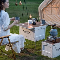 STYLEDR 캠핑 다용도 수납 박스 폴딩 카트 접이식 오픈형 360도 회전바퀴 캠핑정리함 트렁크 수납함 폴딩박스+빅사이즈 우드 상판, 360도 회전바퀴+거치대 베이지
