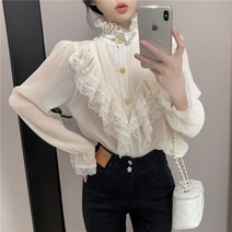 프릴하이넥 레이스 레이어드 긴팔 블라우스