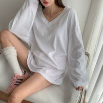 옷자락 (osjarak) / 여자 브이넥 무지 시보리 빅사이즈 티셔츠