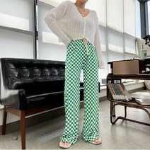 체크 나염 골지 와이드 스판 밴딩팬츠 체커 보드 플리츠 일자 아이스 통바지