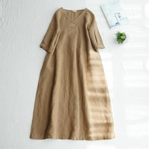 봄여름 여성 린넨 미디 롱 반팔 원피스 캐주얼 브이넥 하프기장 무지 원피스 루즈핏 오버핏 여자