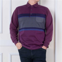 면혼방 중년 남성 포근한 스트라이프 긴팔 카라 티셔츠