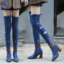 셀럽당 데님 스판 부츠 여 슬림 롱부츠 통굽 굽높이 가을 싱글 롱부츠
