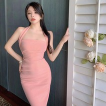 나트랑원피스 동남아원피스 프렌치 홀터넥 슬림핏 나시 핑크 백리스 민소매 비치 롱 날씬해보이는