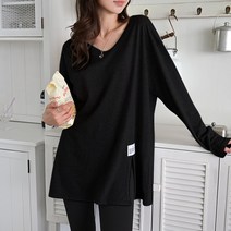 데일리앤 얼리크 여성 랍빠 브이넥 긴팔 루즈핏 코튼 면 패치 라벨 트임 롱 티셔츠 레깅스티 봄 가을 빅사이즈